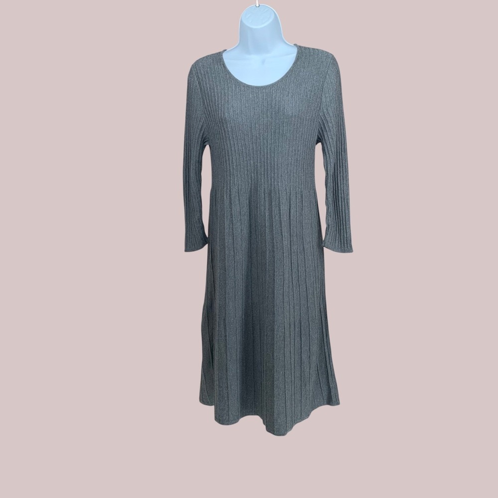 EILEEN FISHER Ribbed Knit Wool Midi Dress Charcoal Gray‎ 3/4 Sleeve Pleated Smal